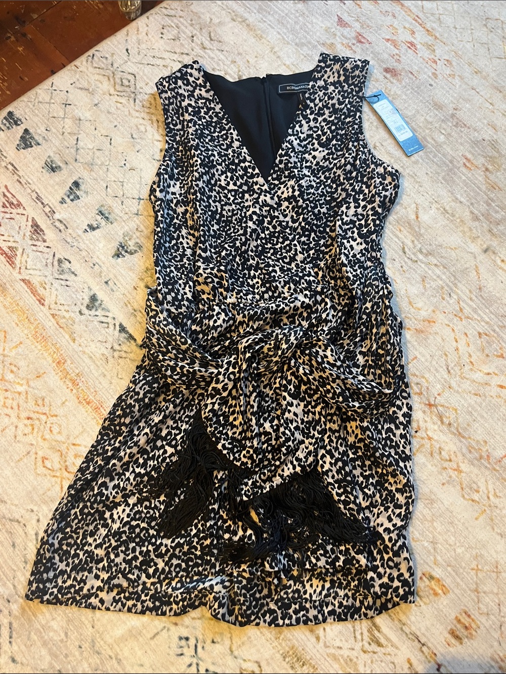 BCBG Black and Cream Leopard-Print Sleeveless Wrap Mini Dress